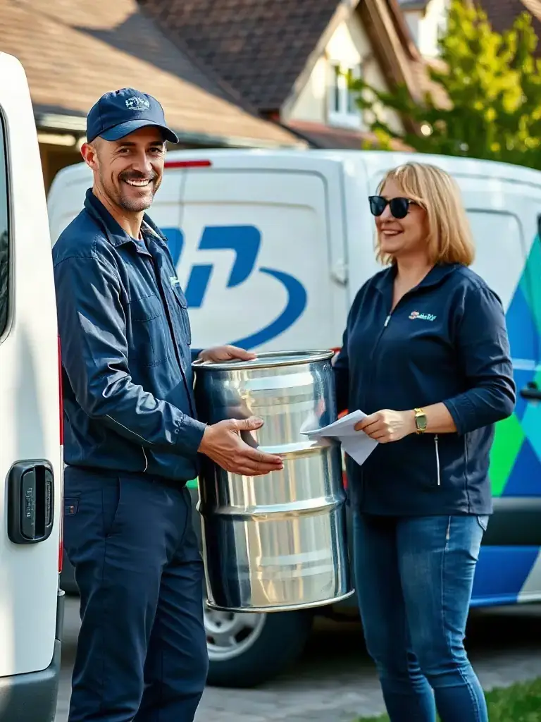 A friendly Team Rate Shipping staff member collecting a sealed barrel from a customer's home, with branded van parked outside and paperwork in hand, illustrating the start of the door-to-door shipping process.