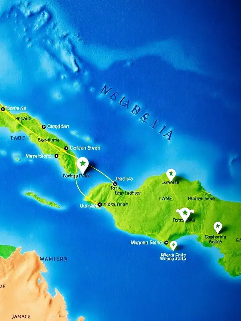 A map highlighting Jamaica and several Caribbean islands, with shipping routes marked from the US, and icons representing popular destinations.