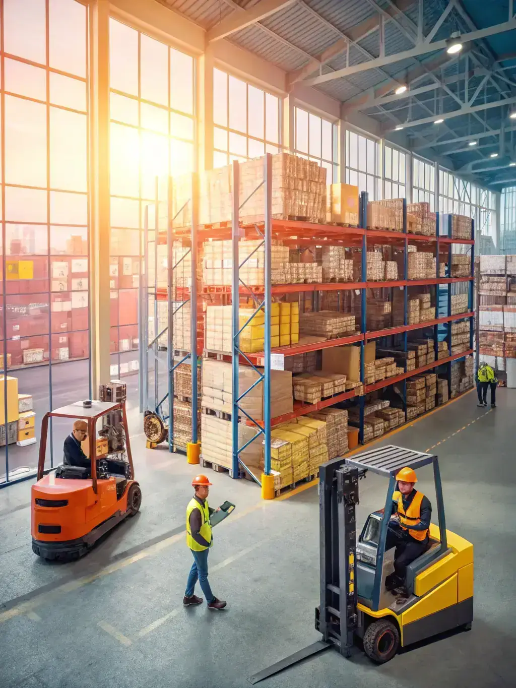 A variety of cargo types including barrels, cardboard boxes, wooden crates, and a car being loaded into a shipping container at a warehouse, highlighting the range of items handled.