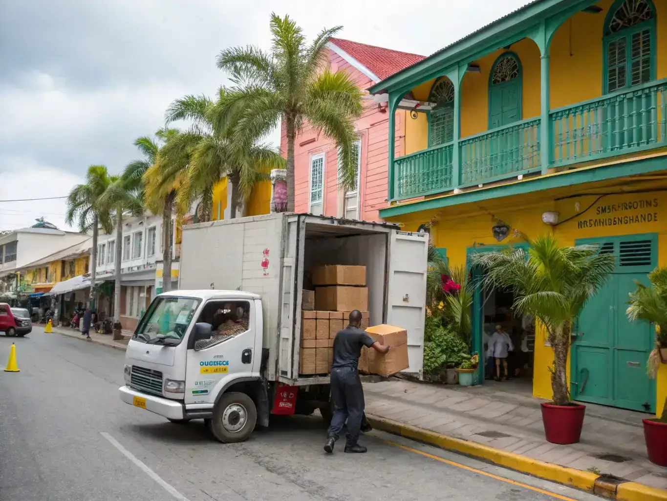 A photo of a Team Rate Shipping delivery truck parked outside a residential home in Jamaica, with staff unloading barrels and boxes, representing the convenience of door-to-door service.