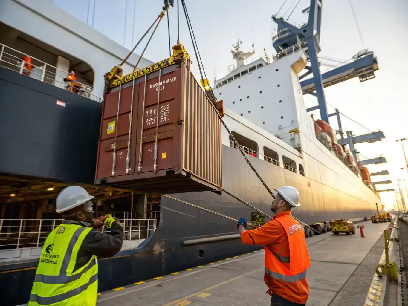 A photo of a large sea freight container being loaded at a port, with Team Rate Shipping branding visible, illustrating efficient and secure transport for Caribbean shipments.